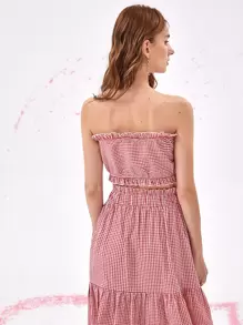 SHEIN VCAY 格紋圖案褶邊短版上衣 - 紅色 - 查看 2