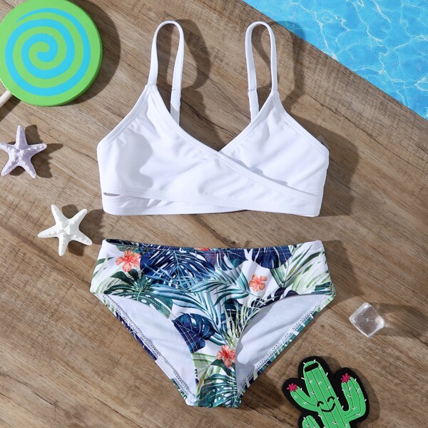 

Toddler Girls Tropical Surplice Neck Bikini Swimsuit, Multicolor
