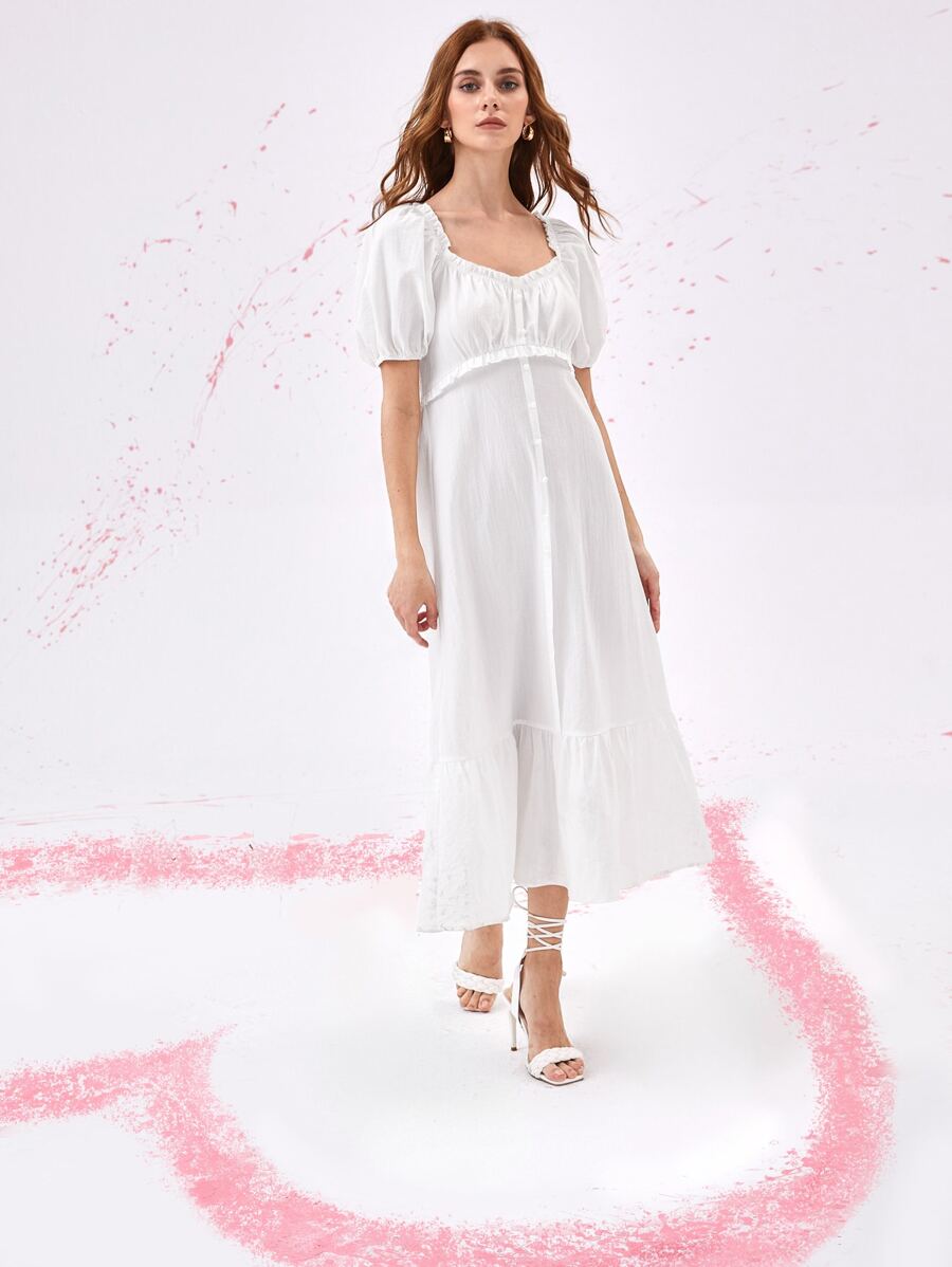Puff Sleeve Ruffle Hem Dress - White - View 1