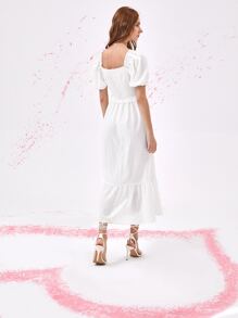 Puff Sleeve Ruffle Hem Dress - White - View 2