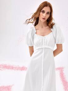Puff Sleeve Ruffle Hem Dress - White - View 3