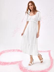 Puff Sleeve Ruffle Hem Dress - White - View 4