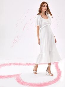 Puff Sleeve Ruffle Hem Dress - White - View 5