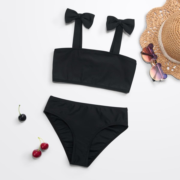 

Girls Bow Shoulder Bikini Swimsuit, Black