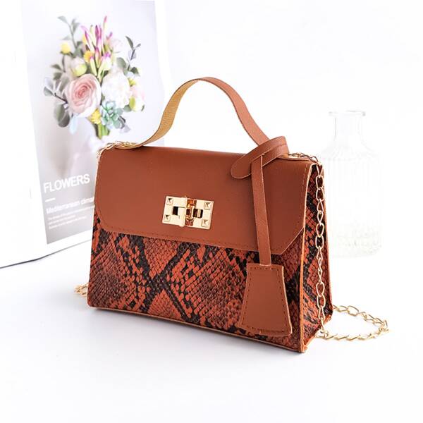 

Snakeskin Print Flap Chain Bag, Brown