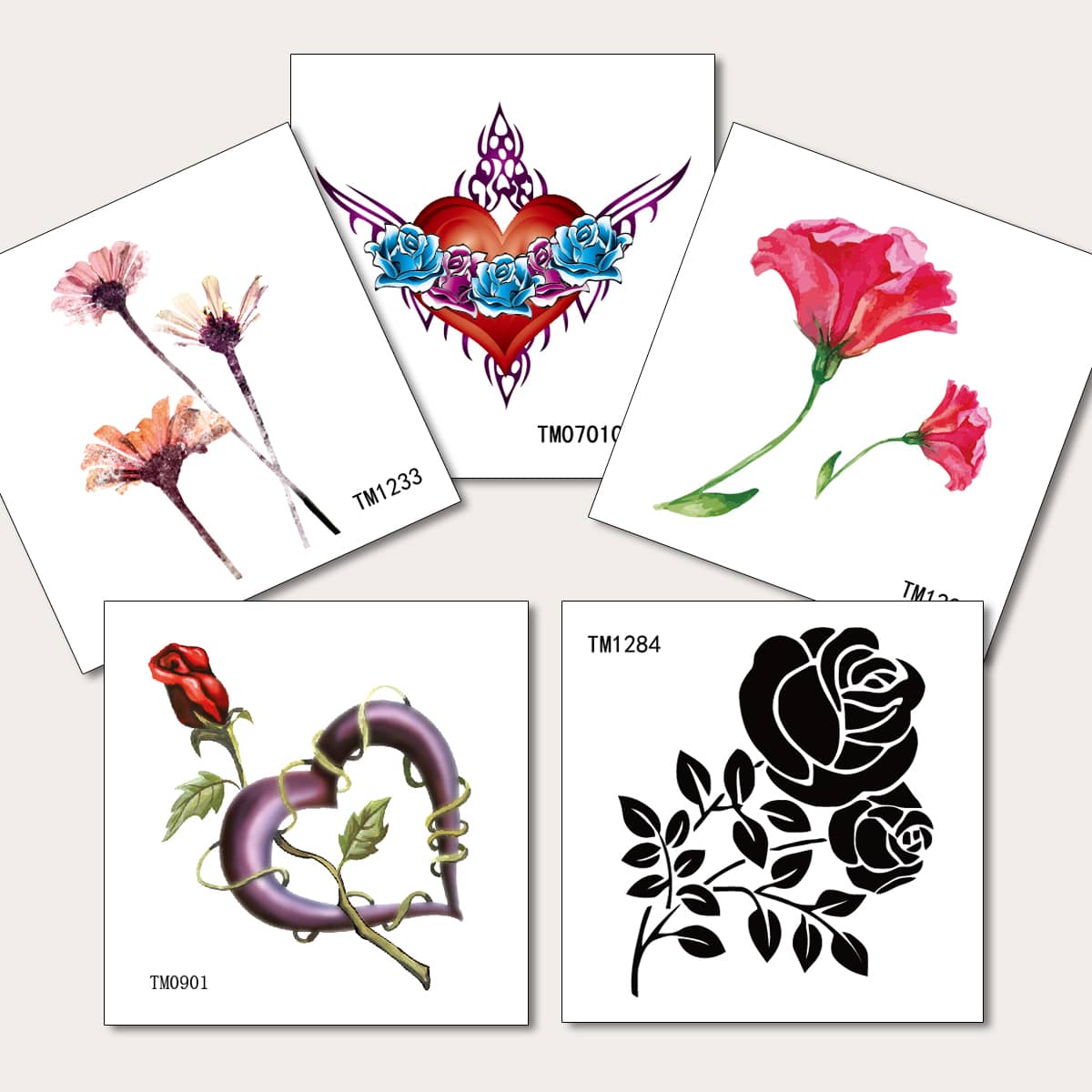 

5sheets Flower & Heart Print Tattoo Sticker, Multicolor