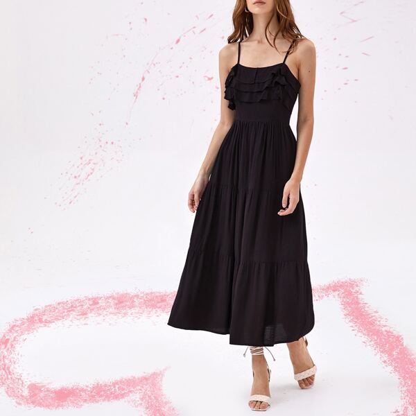 

Layered Trim Zip Back Cami Dress, Black