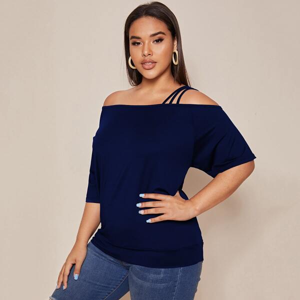 

Plus Solid Asymmetrical Neck Tee, Navy blue