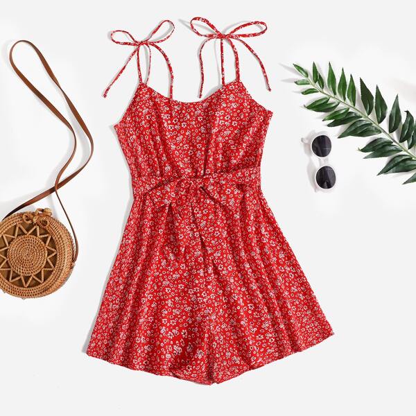 

Plus Ditsy Floral Knot Shoulder Cami Romper, Red