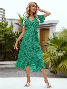 Ditsy Floral Belted Wrap Dress - Green - View 1