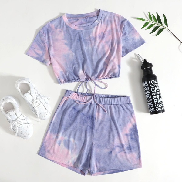 

Tie Dye Drawstring Hem Tee & Track Shorts, Multicolor