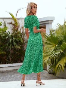 Ditsy Floral Belted Wrap Dress - Green - View 2