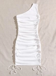 SHEIN BAE 單肩抽褶結飾包臀洋裝 - 白色 - 查看 2