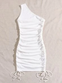 SHEIN BAE 單肩抽褶結飾包臀洋裝 - 白色 - 查看 4