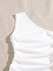 SHEIN BAE 單肩抽褶結飾包臀洋裝 - 白色 - 查看 5