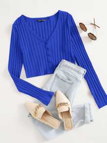 Muchica V Neck Button Front Ribbed Top - Royal Blue - View 1