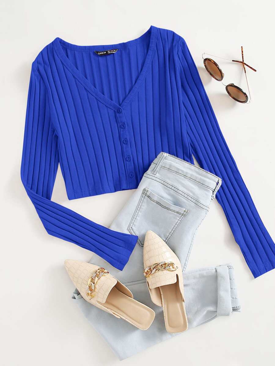 Muchica V Neck Button Front Ribbed Top - Royal Blue - View 1