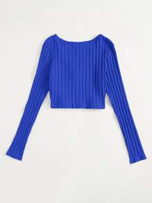 Muchica V Neck Button Front Ribbed Top - Royal Blue - View 2