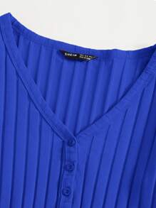 Muchica V Neck Button Front Ribbed Top - Royal Blue - View 4