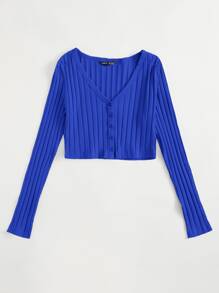 Muchica V Neck Button Front Ribbed Top - Royal Blue - View 5
