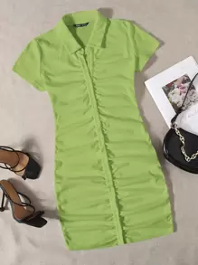 SHEIN EZwear Collared Buttoned Front Rib-Knit Dress - Lime Green - View 1