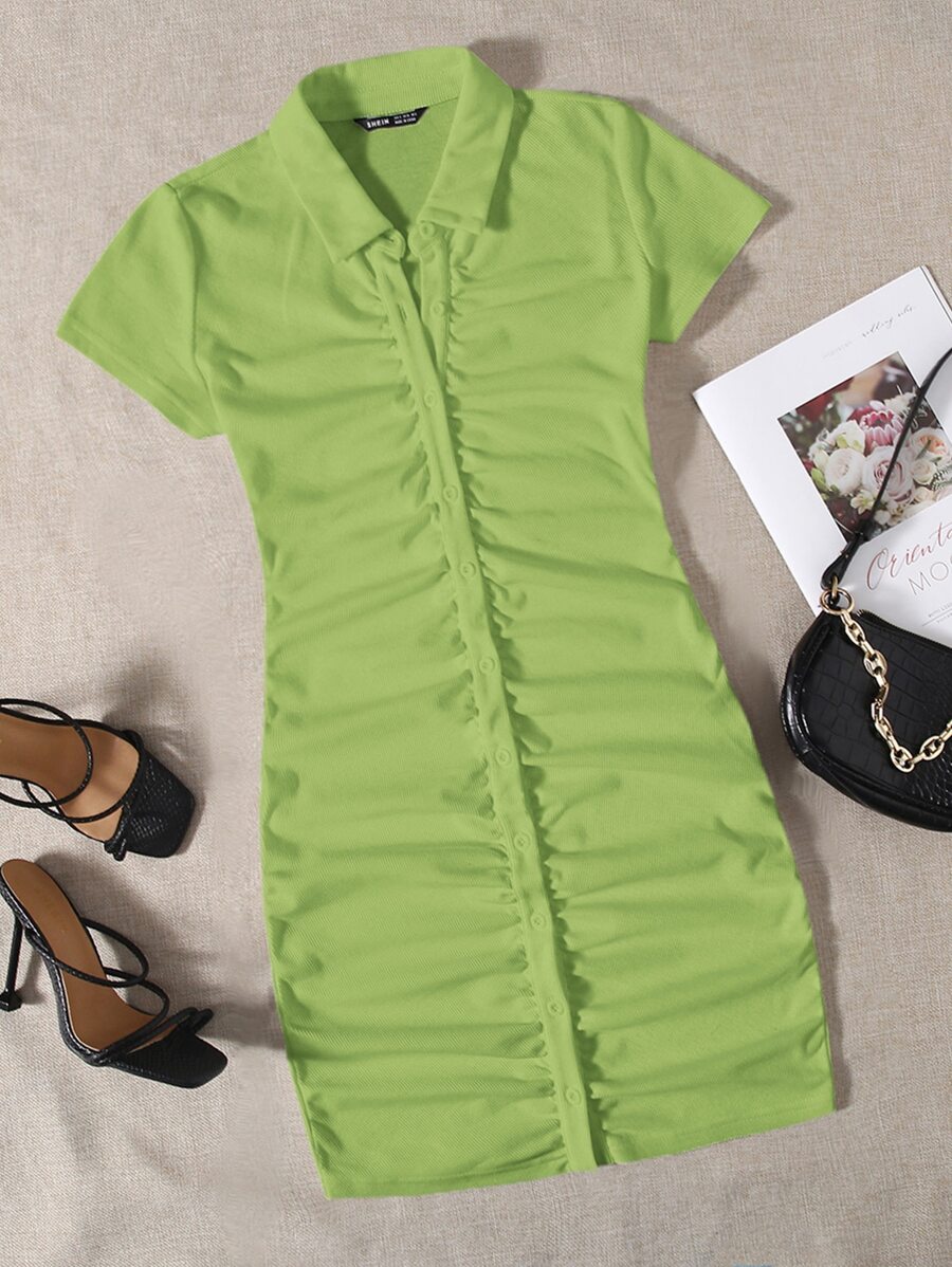 SHEIN EZwear Collared Buttoned Front Rib-Knit Dress - Lime Green - View 1