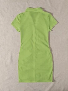 SHEIN EZwear Collared Buttoned Front Rib-Knit Dress - Lime Green - View 2