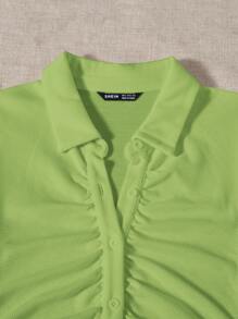 SHEIN EZwear Collared Buttoned Front Rib-Knit Dress - Lime Green - View 3