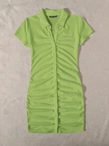 SHEIN EZwear Collared Buttoned Front Rib-Knit Dress - Lime Green - View 5