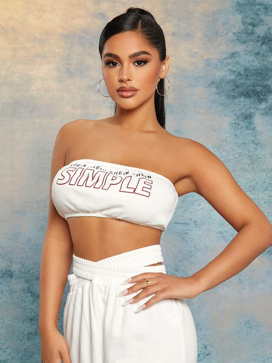 SHEIN SXY Slogan Graphic Crop Tube Top - White - View 1