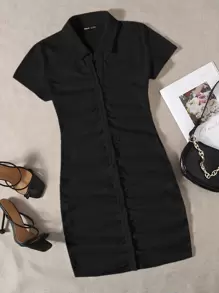 SHEIN EZwear Collared Buttoned Front Rib-Knit Dress - Black - View 2