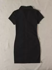 SHEIN EZwear Collared Buttoned Front Rib-Knit Dress - Black - View 3