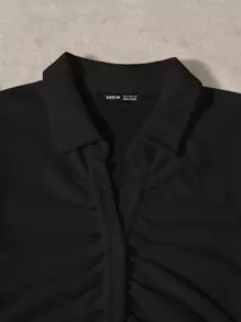 SHEIN EZwear Collared Buttoned Front Rib-Knit Dress - Black - View 5