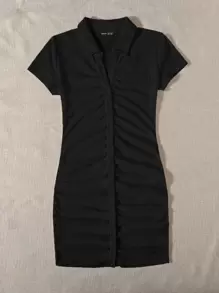 SHEIN EZwear Collared Buttoned Front Rib-Knit Dress - Black - View 6
