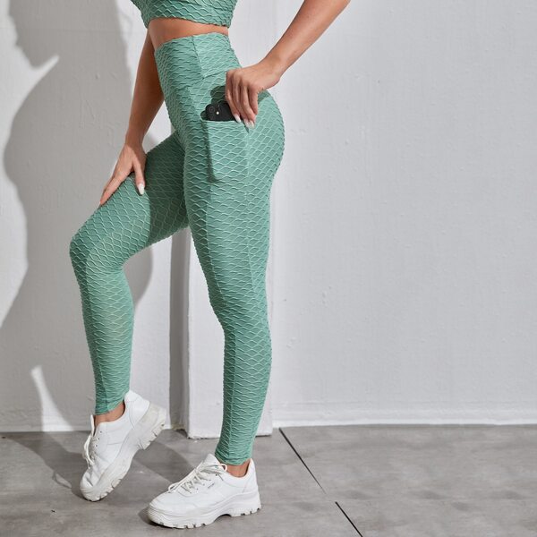 

Solid Textured Sports Leggings With Phone Pocket, Green
