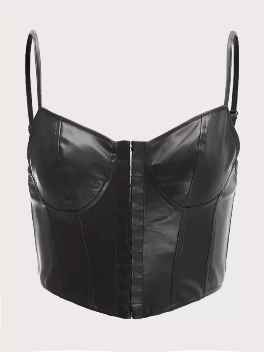 SHEIN 鉤和鉤眼開襟露肩吊帶上衣 - 黑色 - 查看 1