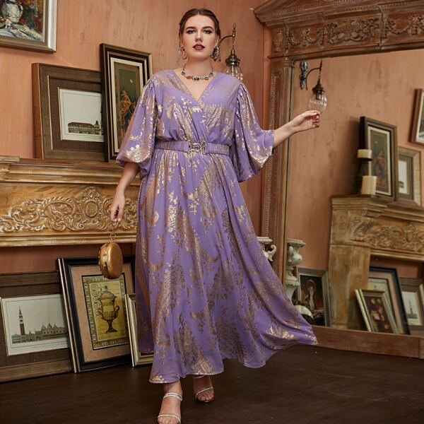 

Plus Paisley Print Surplice Neck Maxi Dress, Lilac purple