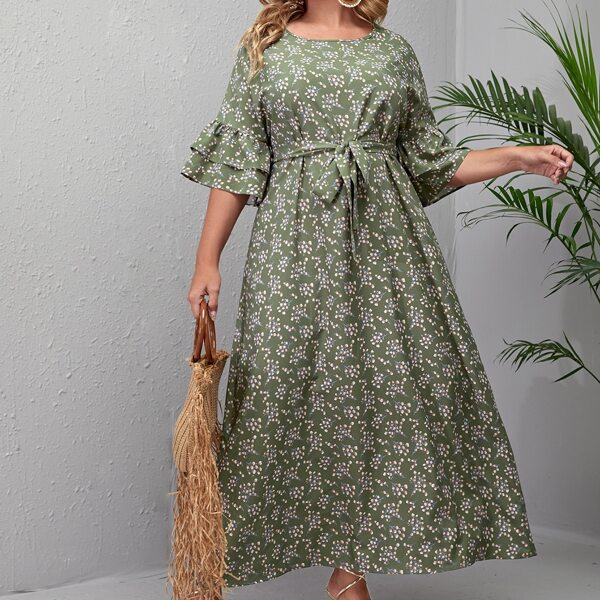 

Plus Allover Plants Print A-line Dress, Green