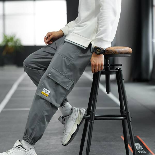 

Men Letter Patched Cargo Pants, Dark grey