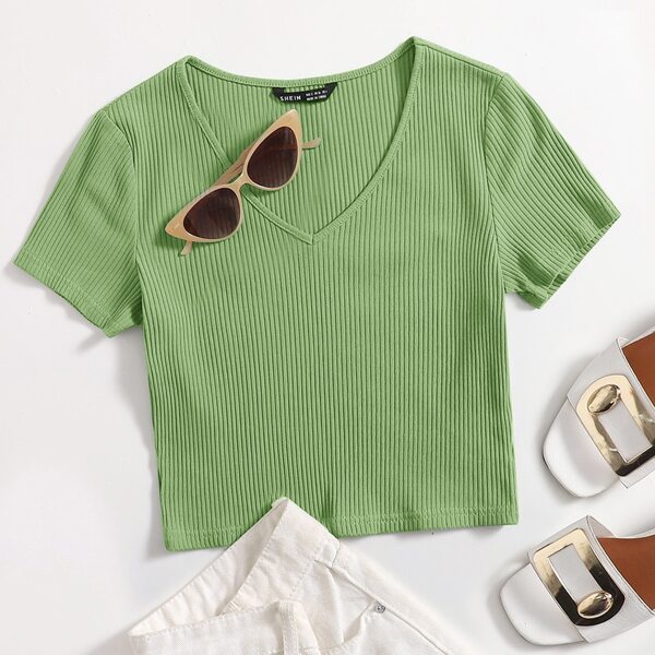 

V-Neck Rib-knit Top, Lime green