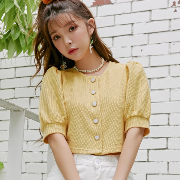 

Button Front Puff Sleeve Crop Blouse, Yellow