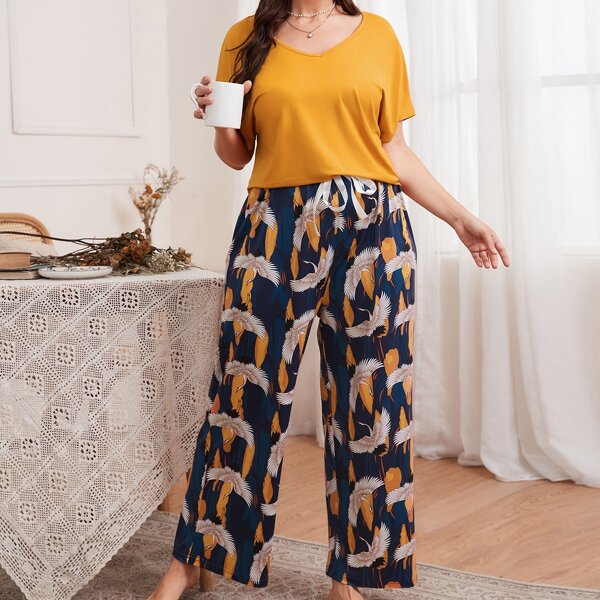 

Plus Crane Print Pajama Set, Multicolor