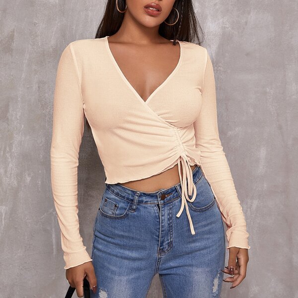 

Surplice Neck Drawstring Front Crop Top, Beige