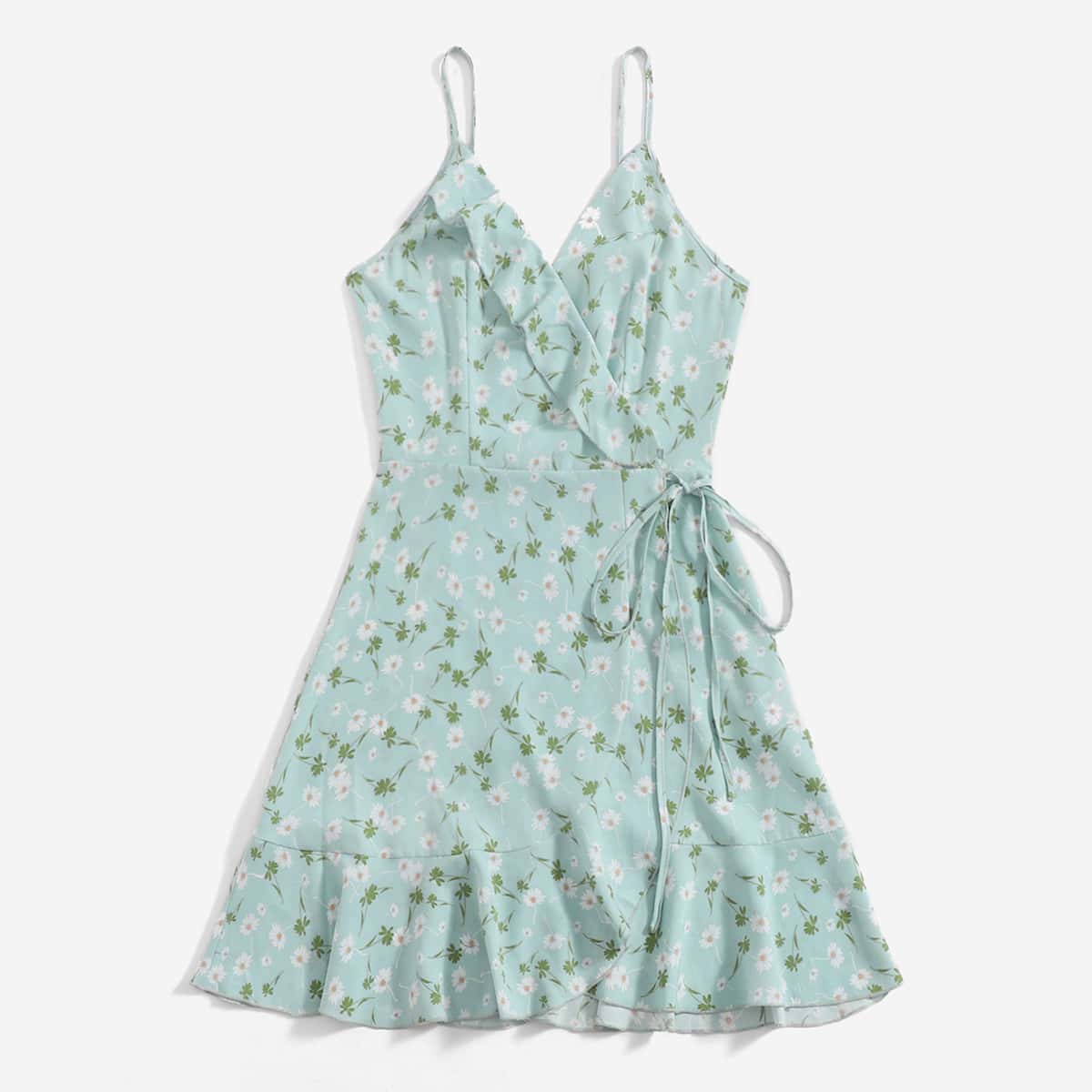 

Floral Print Ruffle Hem Wrap Dress, Mint green