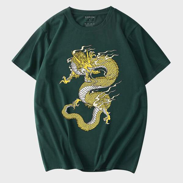 

Men Chinese Dragon Print Tee, Dark green