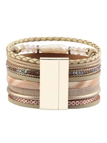 Rhinestone Detail Layered Bracelet - Khaki - View 2