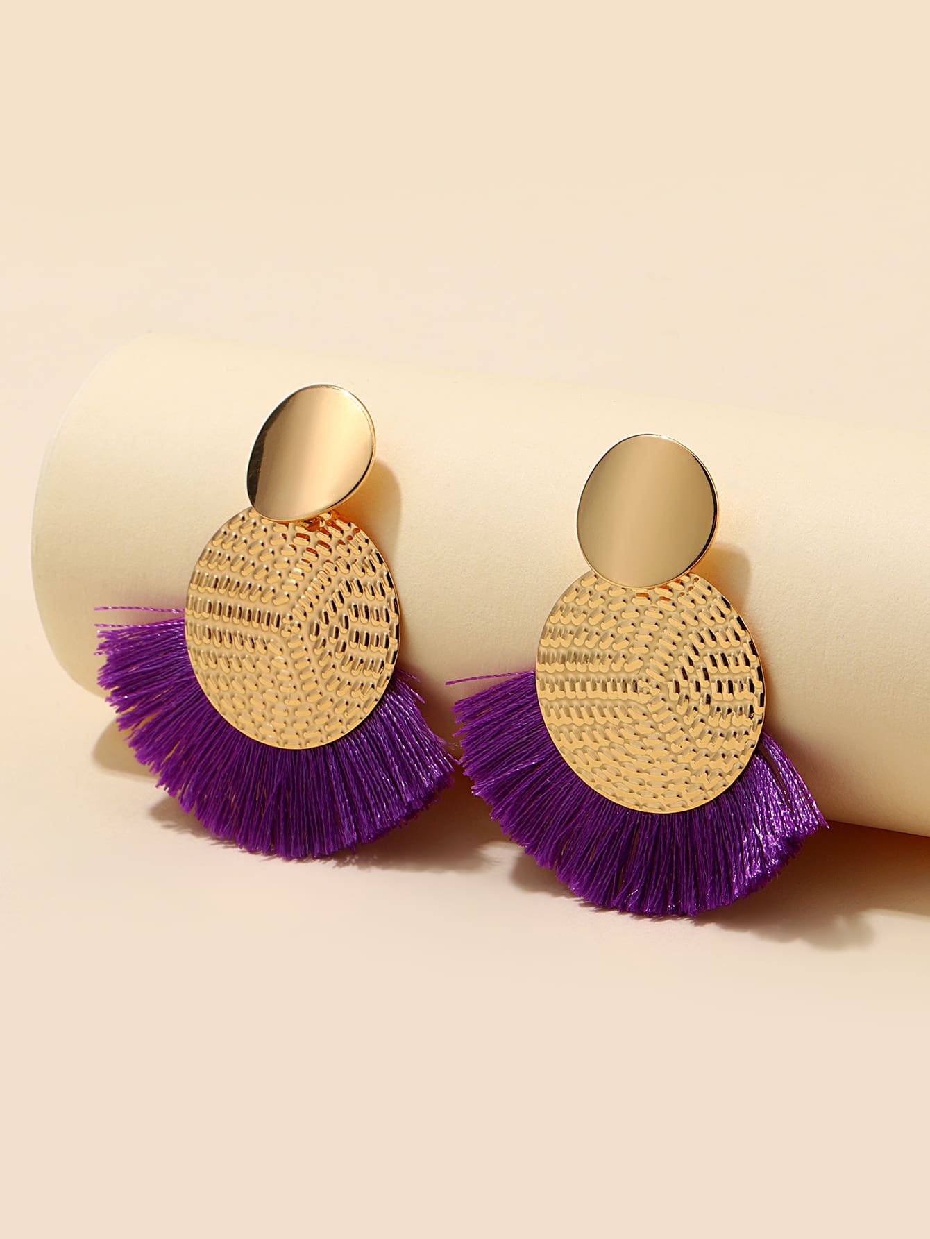 Tassel Decor Round Drop Earrings - Purple - View 1