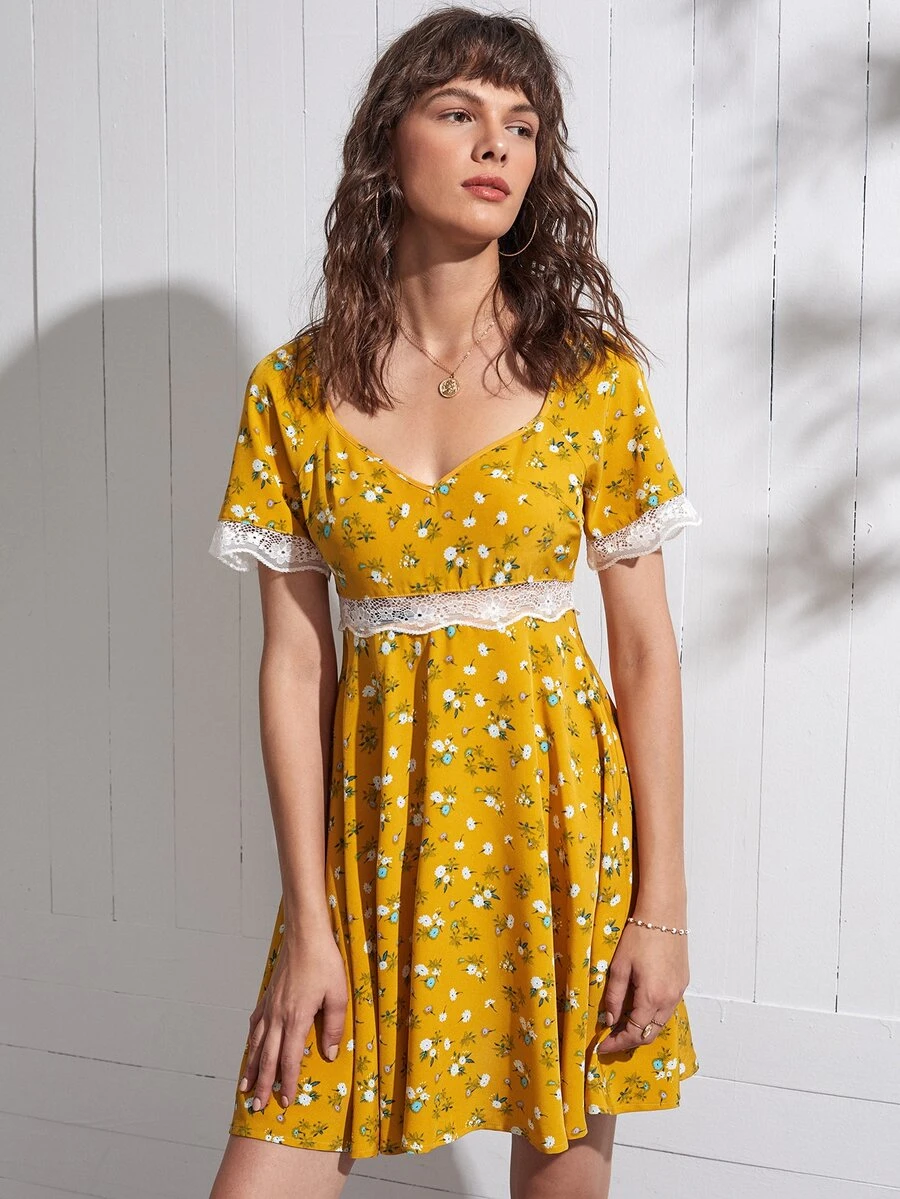 SHEIN Unity 印花拼接蕾絲後拉鏈洋裝 - 芥末黃 - 查看 1