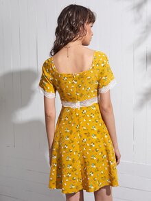 SHEIN Unity 印花拼接蕾絲後拉鏈洋裝 - 芥末黃 - 查看 2