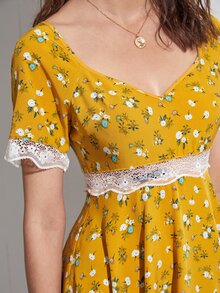SHEIN Unity 印花拼接蕾絲後拉鏈洋裝 - 芥末黃 - 查看 4